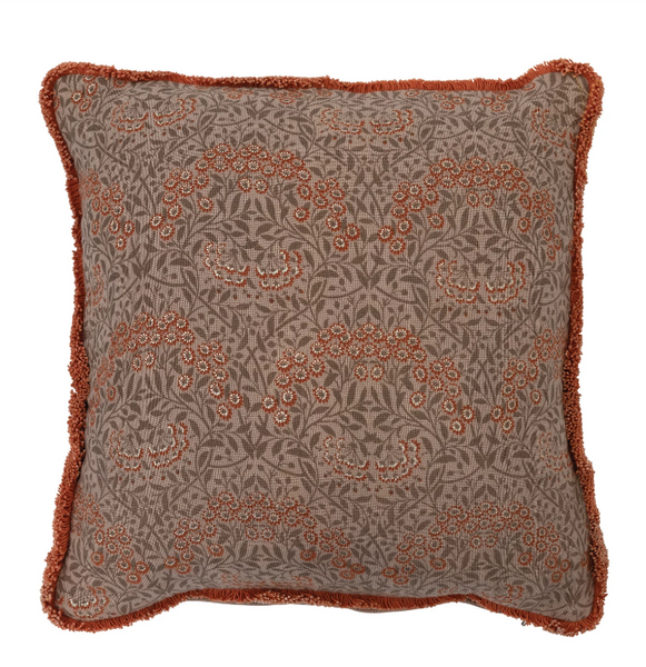 Metallic Floral Printed Pillow w/Eyelash Fringe