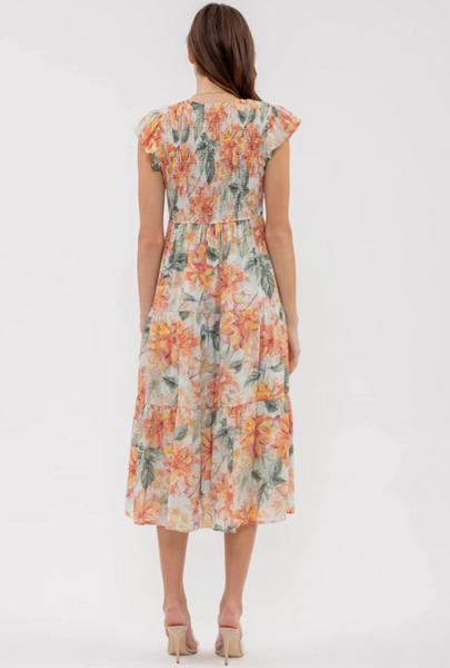 Smocked V-Neck Floral Midi Dress