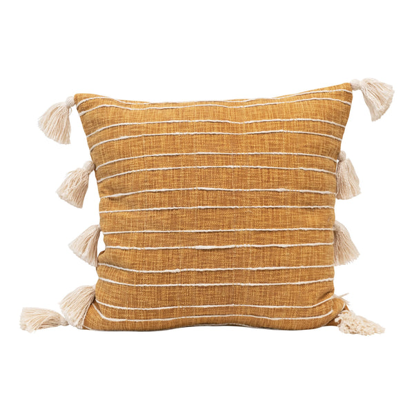 22" Cotton Woven Pillow with Stripes & Tassels